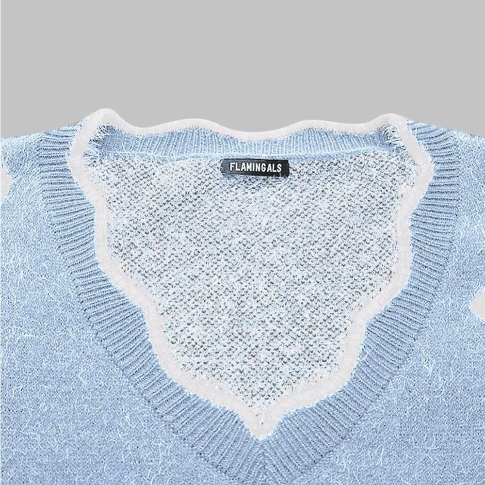 Light Blue Floral Fuzzy V-Neck Sweater - Picture 5 of 6